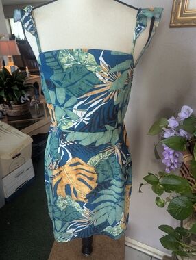 Shein Tropical Leaf Print Sundress in Teal & Mustard
